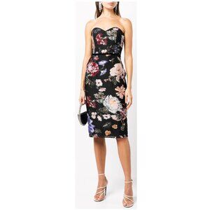 Marchesa Notte Italy Floral Jacquard Strapless Midi-Dress Sz-8 Black